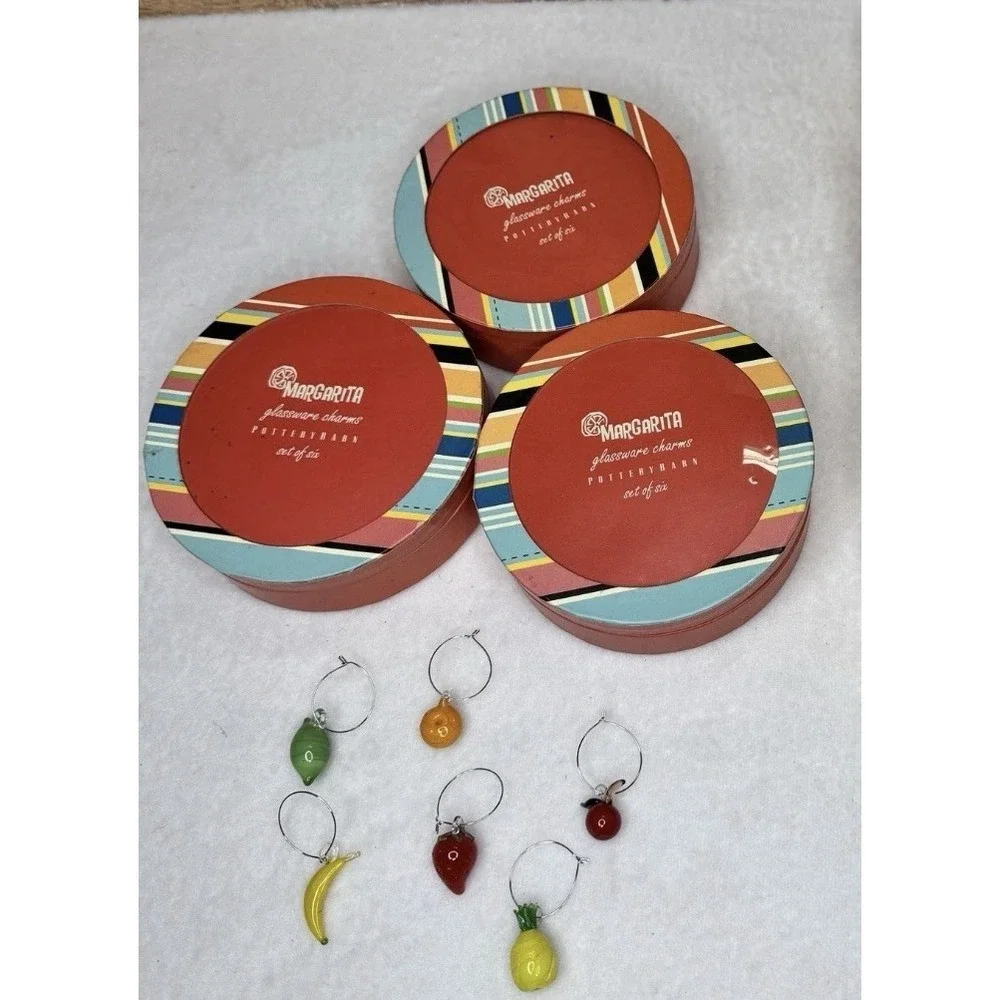 Pottery Barn Margarita Wine Glass Glassware Charms Set of 6 Fruit Drink Markers